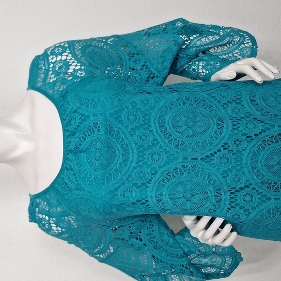 Tacera Bohemian Teal Lace Big Bell Sleeve Fairy Relaxed Fit Shift Dress Size 1X - Picture 3 of 15